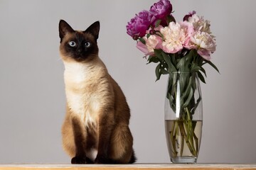 Funny mekong bobtail cat sitting near a vase with peony flowers