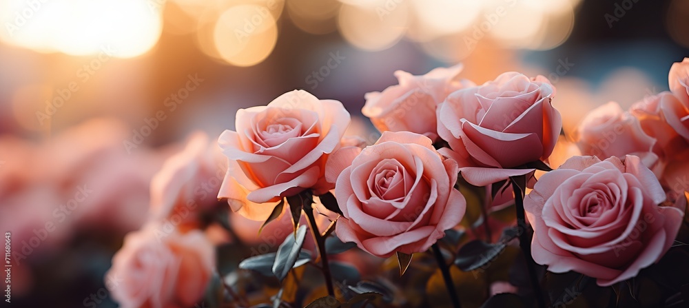 Poster delicate rose bokeh with mesmerizing narrative effect on blurred backdrop, offering text space.