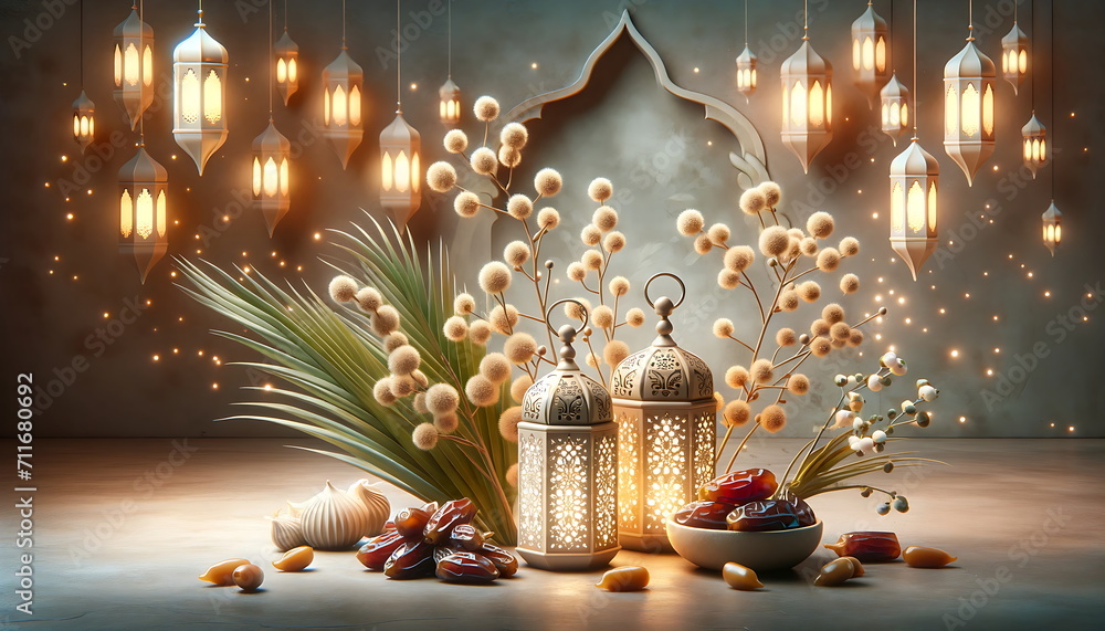 Wall mural experience the eid mubarak radiance with this ramadan lantern glow background with dates palm fruits