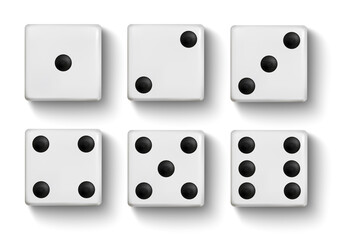 Set of realistic white dice isolated on transparent background