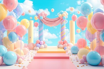 birthday Party,Party items and table items in a room decorated with balloons,3d,render 3d - obrazy, fototapety, plakaty