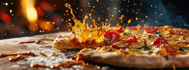 Dramatic capture of cheese pizza slice with toppings flying mid air explosion - obrazy, fototapety, plakaty