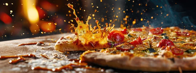 Foto op Plexiglas Dramatic capture of cheese pizza slice with toppings flying mid air explosion © dvoevnore