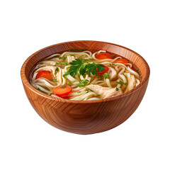  Homestyle Chicken Noodle Soup in Wooden Bowl Isolated on transparent background