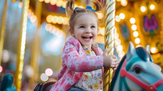 Child riding a colorful Easter-themed carousel with laughter