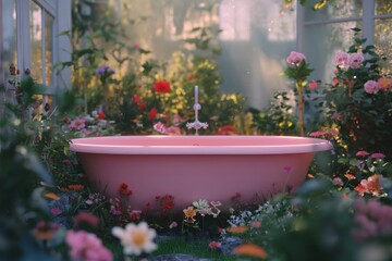 Fototapeta na wymiar Pink beautiful retro bath in the garden. Generative AI