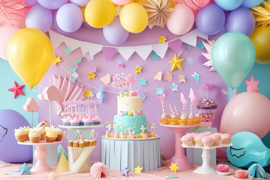 birthday Party,Party items and table items in a room decorated with balloons,3d,render 3d