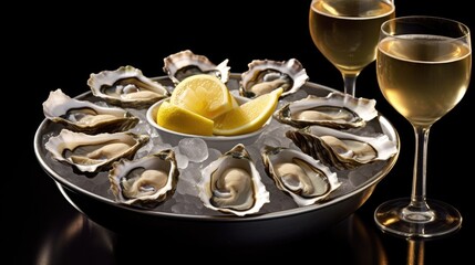 Fresh oysters served on ice with lemon and glasses of white wine, copy space