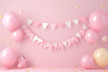 birthday Party,Party items and table items in a room decorated with balloons,3d,render 3d - obrazy, fototapety, plakaty
