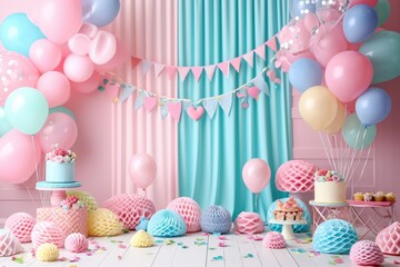 birthday Party,Party items and table items in a room decorated with balloons,3d,render 3d