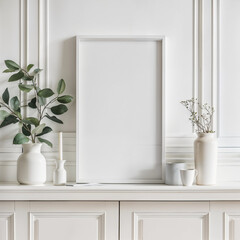 Interior poster mock-up with vertical frame and plants in vase on white wall background.  - obrazy, fototapety, plakaty