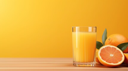 Fresh orange juice in glass on wooden table with soft orange background, ideal for text placement