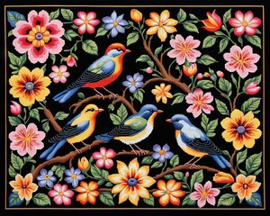 Obraz premium Embroidered Birds and Flowers on Black Fabric