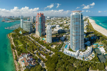 Florida vacation destination. South Beach architecture. Miami Beach city with high luxury hotels and condos. Tourist infrastructure in southern Florida, USA - obrazy, fototapety, plakaty