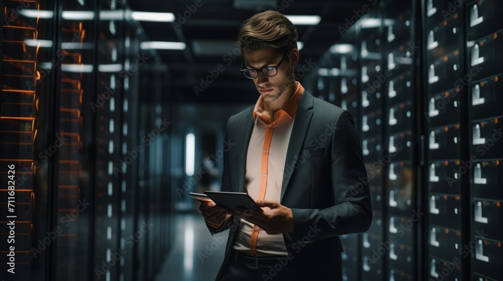 Poster A young programmer, a cybersecurity specialist, works in a server room with a tablet in a high-tech company.