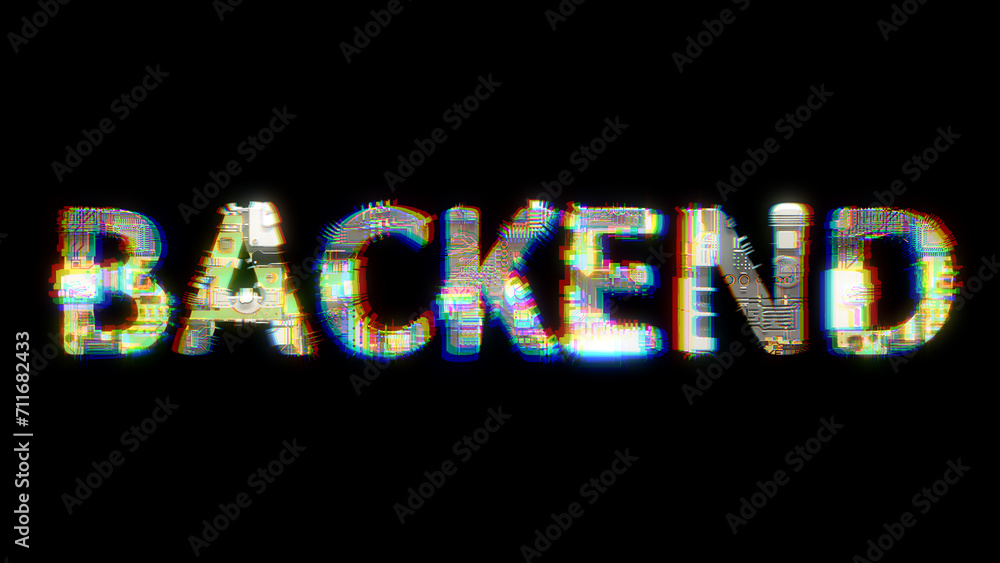 Poster glitch and chromatic aberrance cybernetical text backend on black, isolated - object 3d rendering