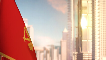 flag of Montenegro on city skyscrapers buildings vanilla sunset background for national celebration - abstract 3D illustration