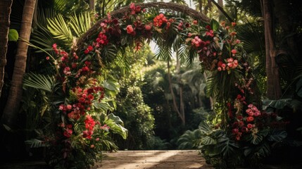 tropical wedding arch decoration in green jungle