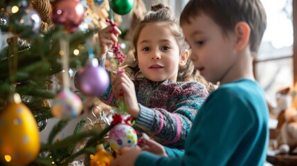 Fototapeta na wymiar Youngsters decorating a cozy Easter tree with colorful ornaments