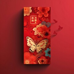 Colorful card with Red Flowers and Butterfly. Chinese New Year celebrations.
