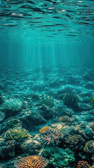 Teal Tides: A Teal Background with Rippling Water and Submerged Corals, Evoking an Underwater World
