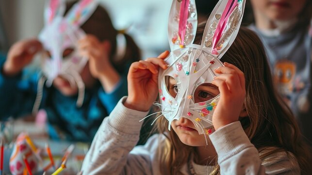 Youngsters crafting Easter bunny masks in preparation for the festivities