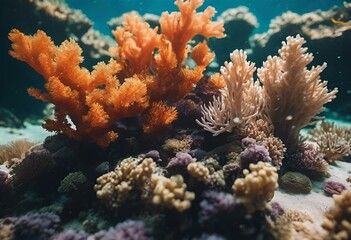 Naklejka na ściany i meble AI generated illustration of underwater scene showcasing vibrant corals and a tiny fish