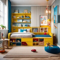 A well-lit study area for children and teenagers, featuring functional desks, ergonomic chairs, and playful decor to inspire focus and creativity in a modern family setting