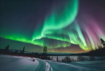 AI generated illustration of Aurora borealis illuminating snow-covered mountains