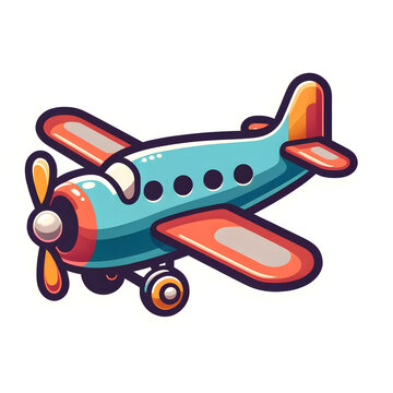 a colourful and playful illustration of a classic propeller airplane. The airplane is depicted with a rounded, cartoon-like design, featuring a large propeller.