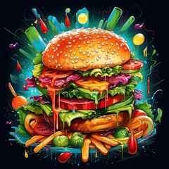 Hand drawn burger illustration. Cartoon style artwork of an oversized burger. A hamburger with cheese, fries and tomato on a plate.