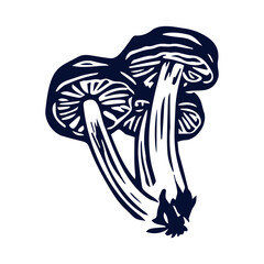 Handmade blockprint mushroom motif clipart in folkart scandi style. Simple monochrome linocut fungi shapes with naive rural lineart.