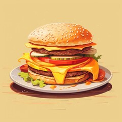 Hand drawn burger illustration. Cartoon style artwork of an oversized burger. A hamburger with cheese, fries and tomato on a plate.