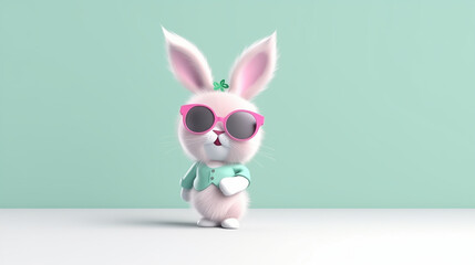 Cute fluffy rabbit with long ears wearing classy suit in sunglasses water color, cartoon, hand drawing, animation 3D, vibrant, minimalist style. ai generated.