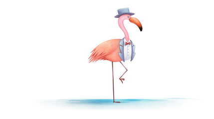 Flamingo in suit water color, cartoon, hand drawing, animation 3D, vibrant, minimalist style. ai...