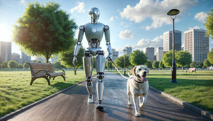 Humanoid AI robot walks dog in sunlit park, showcasing a futuristic concept of technology...