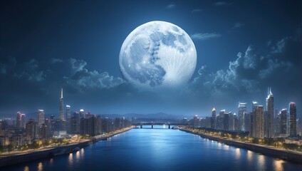 Fototapeta premium the beauty of future city at night with giant super blue moon above the skyscrapers