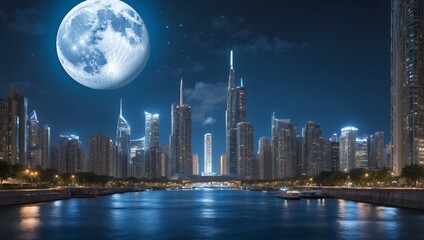 the beauty of the super blue moon light over the city with skyscrapers reflected in the clear river water