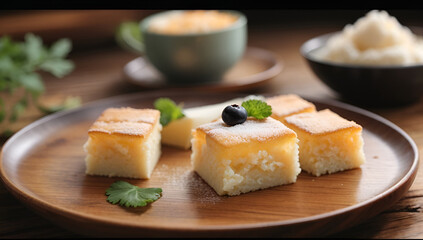 appetizing sponge cake served on elegant wooden platter, with a cup of cappuccino as background.