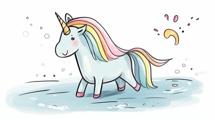 Cartoon unicorn water color, cartoon, hand drawing, animation 3D, vibrant, minimalist style. ai generated.