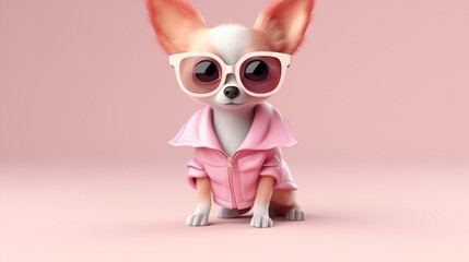 Chihuahua dog in trendy sunglasses and pink jacket water color, cartoon, hand drawing, animation 3D, vibrant, minimalist style. ai generated.