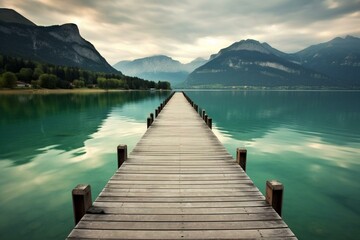 Pier on tranquil lake with stunning mountain view. Generative AI