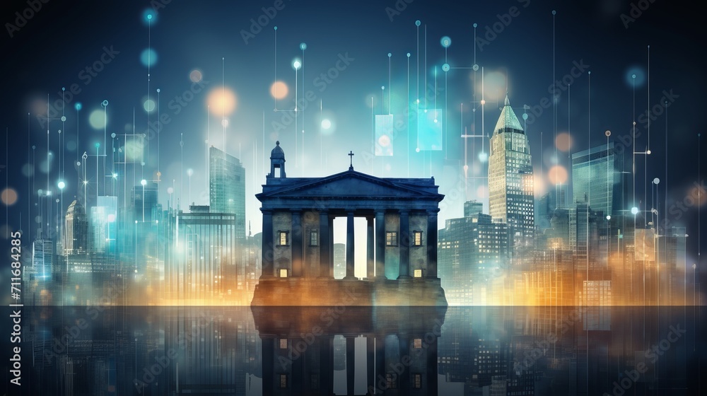 Poster Blurred bokeh background with financial data visualizations and banking icons for design concepts