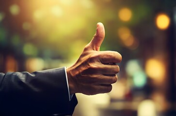 Businessman hand thumb up sign with bokeh affect background