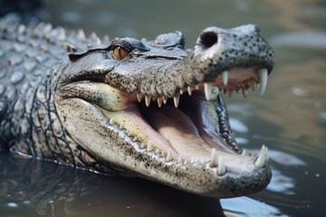 Camouflaged crocodile emerges with toothy grin.