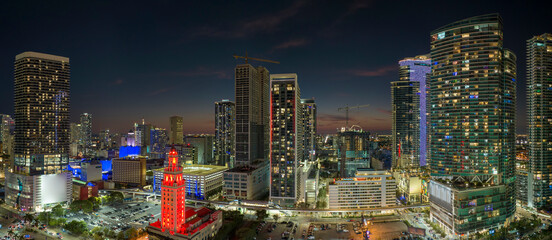 Night urban landscape of downtown district of Miami Brickell in Florida, USA. Skyline with high...