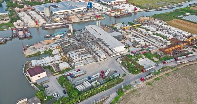 Aerial panning shot of industrial port