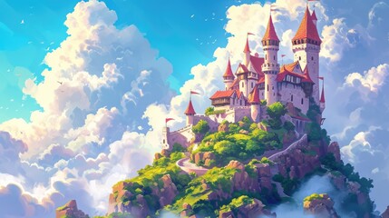 Princess Castle: A Whimsical Cartoon Landscape with Towers and Clouds