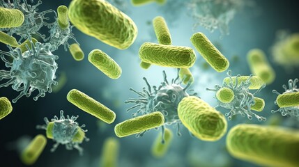 Close up view of 3d microscopic bacteria  probiotics, oral bacteria, and their fascinating world - obrazy, fototapety, plakaty