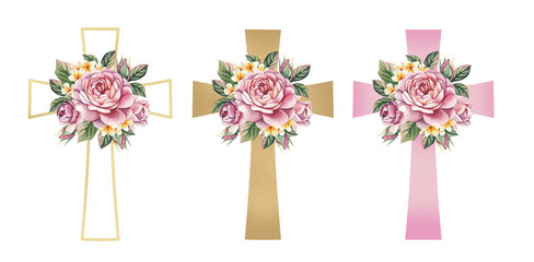 Set of religious crosses on a transparent background. Watercolor illustrations gold Christian cross with pink flowers. The hand-painted catholic or orthodox symbol for Easter